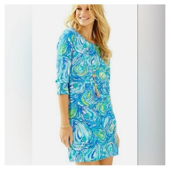 Lilly Pulitzer Linden Dress Oh Shucks Oyster Print Blue Green Size Medium - Picture 1 of 7